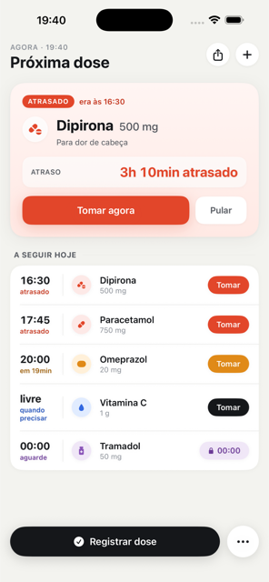 Tela inicial do app Horário do Remédio mostrando a próxima dose e a agenda do dia